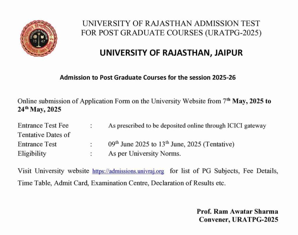 URATPG 2025
URATPG 2025 Notification
URATPG 2025 Exam Date
URATPG 2025 Application Form
URATPG 2025 Syllabus
URATPG 2025 Application Form Date
URATPG 2025 Exam Form Date
URATPG 2025 Result Date
URATPG 2025 Admit Card
URATPG 2025 Official Website
URATPG PG Admission 2025
Rajasthan University PG Entrance Exam 2025
URATPG Entrance Exam Date